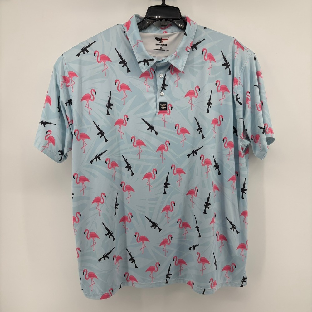 Eagle Six Gear Mens 2XL Flamingo Rifle Polo Shirt Light Blue Tactical Tropical - Picture 2 of 7